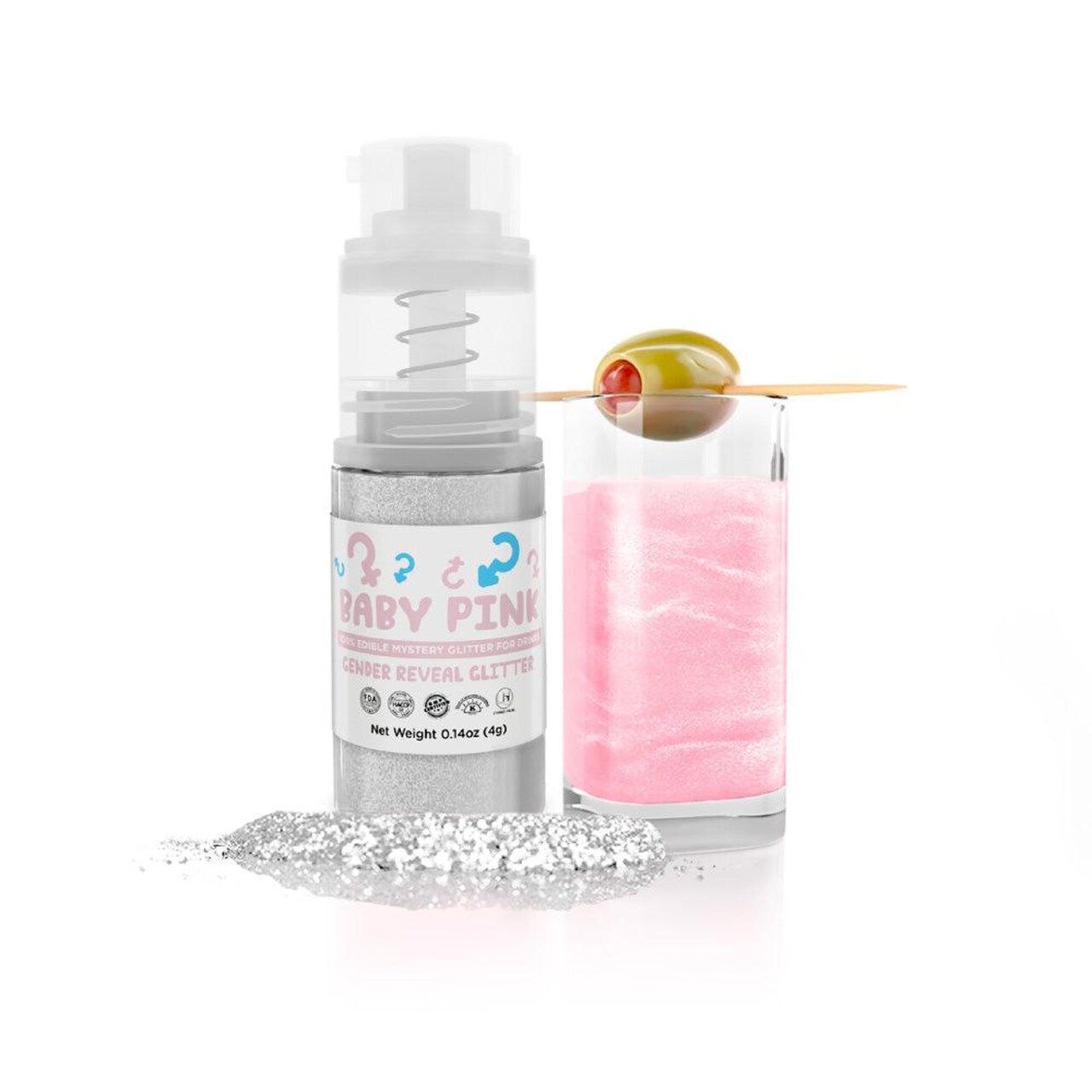 Brew Glitter – Baby Pink Gender Reveal Color Changing Edible Drink Glitter (4g, Mini Spray Pump) for Clear Cocktails and Beverages